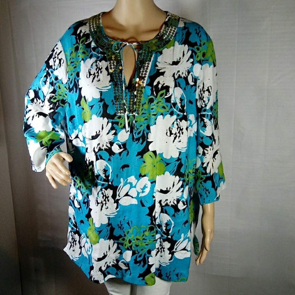 Saint Tropez West Floral Sequins Tunic Size 1X